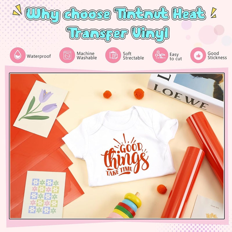 Tintnut Mandarin Red Color Heat Transfer Vinyl -6 Sheets 12"x10" Bright Color Iron on Vinyl for T-Shirts Clothing Bags HTV Vinyl for All Cutting Machine - Image 3